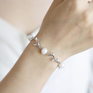 Diamond Leaf Pearl Bracelet Real Freshwater Jewelry Bridal